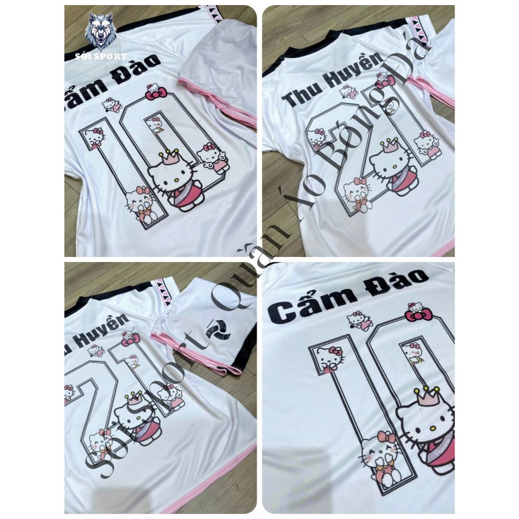 [IN GIỐNG HÌNH] Bộ Quần Áo Bóng Đá Trẻ Em "JP Trắng Viền Hồng" Lồng Hello Kitty Chất Liệu Thun Cotton Form Từ 8 - 65Kg