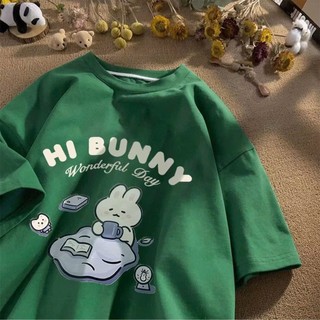 Áo thun nữ form rộng chất liệu cotton khô in hình thỏ hi bunny