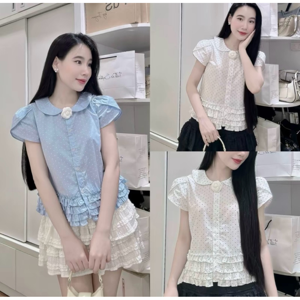 [Deal mở bán] Áo sơmi cổ bèo tay cánh tiên họa tiết chấm bi hàng QC 26239 A118