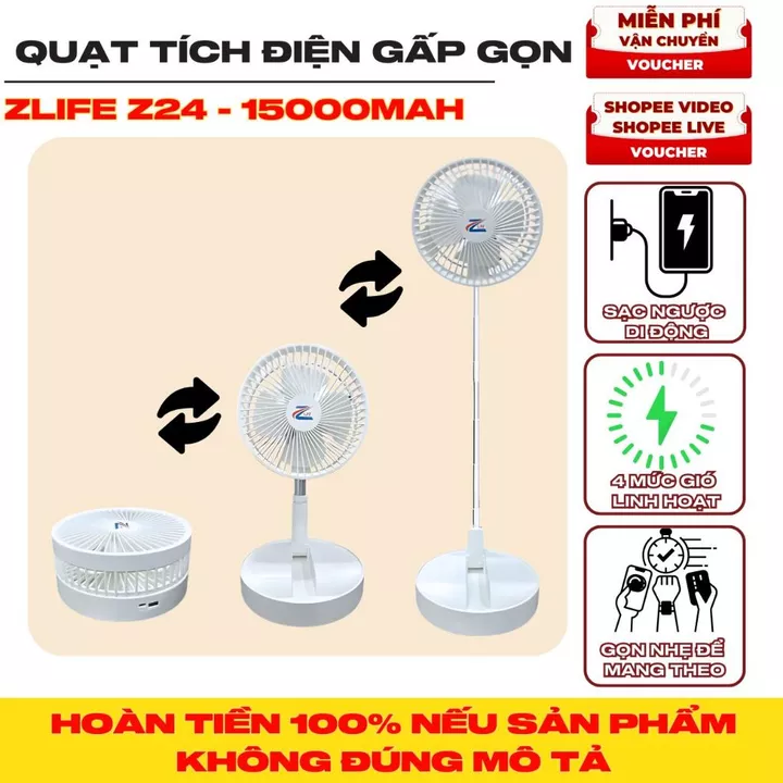 Quạt Tích Điện Gấp Gọn Z24, Quạt Mini Để Bàn Pin 12000mAh 4 Chế Độ Gió, Quạt Điều Hòa Cho Bé