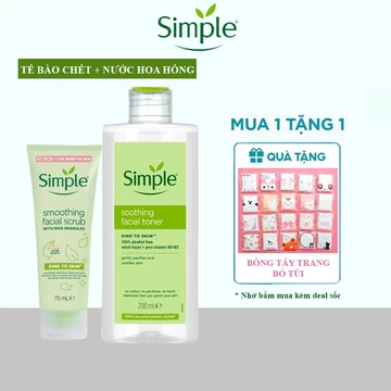 Combo nước hoa hồng toner Simple 200ml + tẩy tế bào chết Simple cho da nhạy cảm 75ml