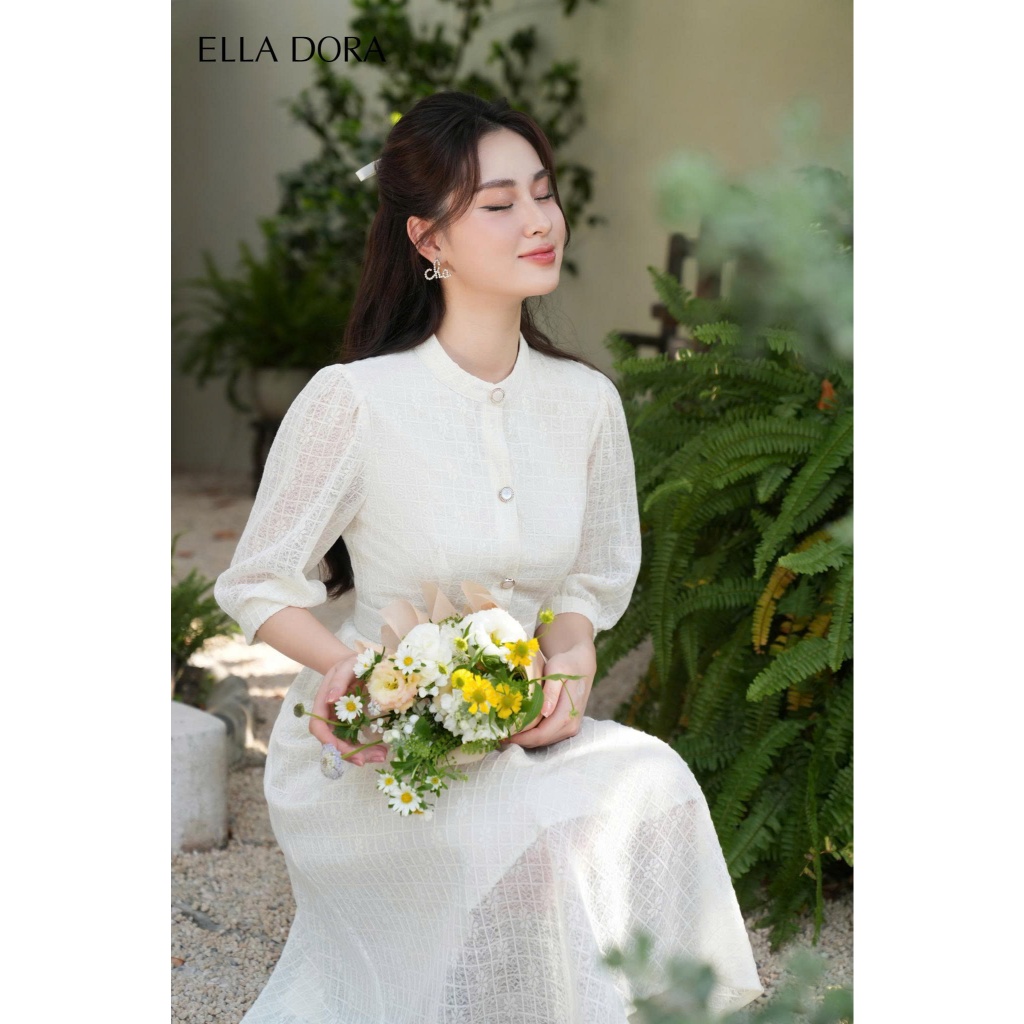 Đầm nữ ELLA DORA thiết kế ren hoa tay lửng cổ trụ dáng midi xòe nhẹ thanh lịch nữ tính [D87]