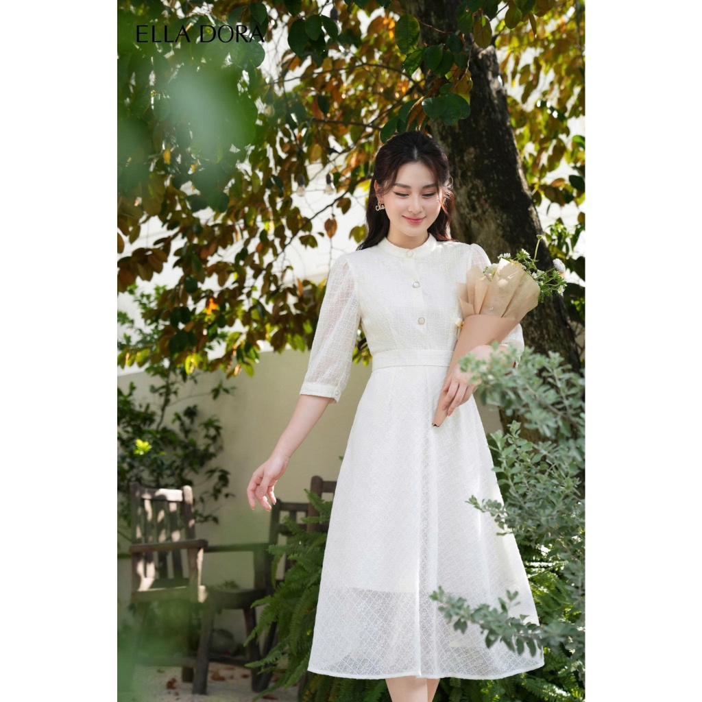 Đầm nữ ELLA DORA thiết kế ren hoa tay lửng cổ trụ dáng midi xòe nhẹ thanh lịch nữ tính [D87]