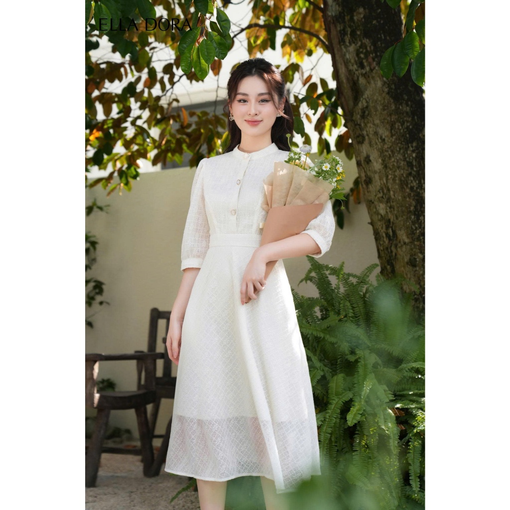 Đầm nữ ELLA DORA thiết kế ren hoa tay lửng cổ trụ dáng midi xòe nhẹ thanh lịch nữ tính [D87]