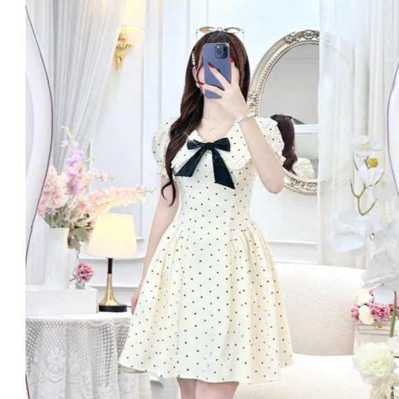 Đầm Nữ Ngắn Xòe Lụa Bi Mới Kèm Thắt Nơ Cực Xinh Thời Trang SANG CHẢNH