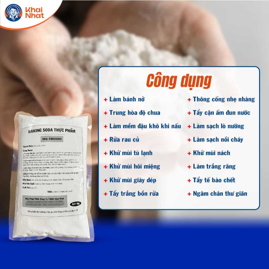 Baking Soda EU (NaHCO3) Khai Nhật - Tăng Kiềm Ao Nuôi, Xử Lý Nước, Cọ Rửa Vệ Sinh (Gói 1kg)