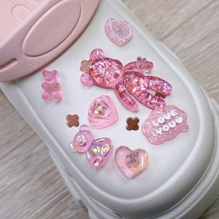 Set 14 Sticker, Charm 3D chủ đề Gấu hồng trong suốt DIY Mita gắn Dép Sục, Cá Sấu JB-332
