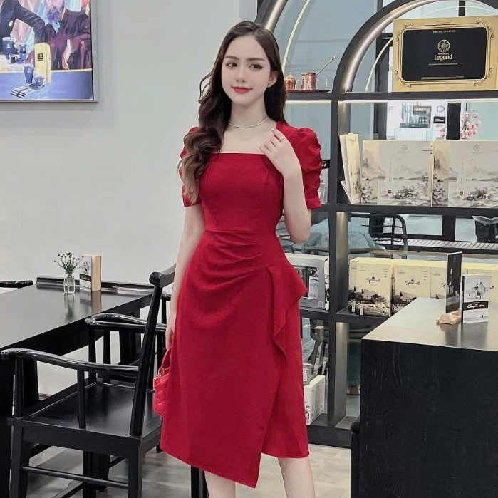 Đầm Nữ Dự Tiệc Có Tay Suông Phối Bèo Nhúng EO Che Khuyết ĐIỂM Mới Sang Chảnh