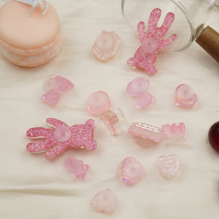 Set 14 Sticker, Charm 3D chủ đề Gấu hồng trong suốt DIY Mita gắn Dép Sục, Cá Sấu JB-332