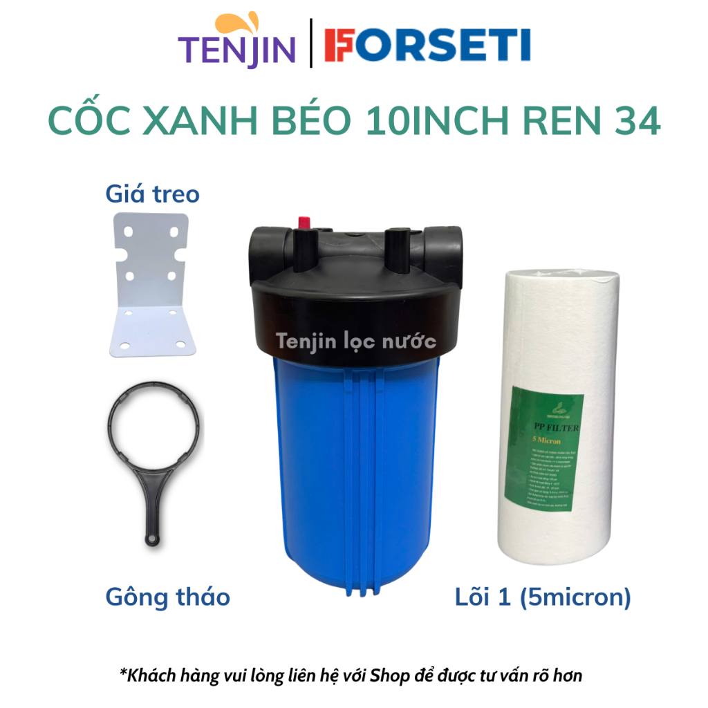 Bộ Cốc Béo 10inch Lọc Đầu Nguồn Ren 34 Đầy Đủ Phụ Kiện Kèm Gông Tháo, Giá Treo, Lõi Lọc Đầu Nguồn
