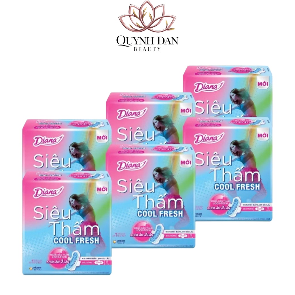 Bộ 6 gói băng vệ sinh Diana Siêu Thấm Cool Fresh Siêu Mỏng Cánh 8 miếng/gói