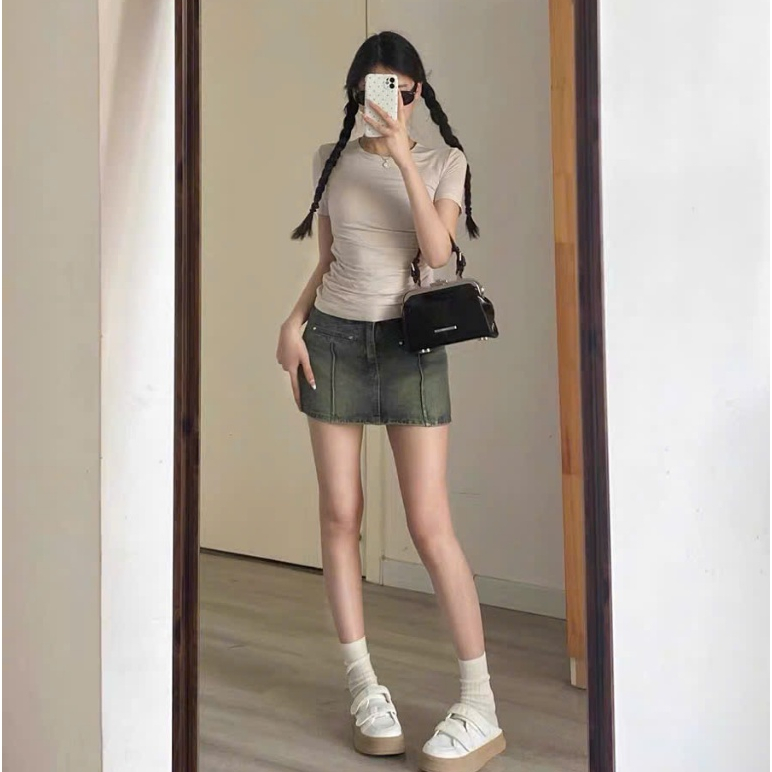 Quần short jeans giả váy dáng chữ A cạp cao tôn dáng màu xanh pha rêu retro thời trang ED07