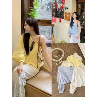 Áo Sơ Mi Lệch Vai Tay Bồng Gấu Bí 247store Hot Trend Mùa Hè 3 Màu Xanh Vàng Trắng Aolechvai4430