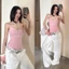 Áo hai dây cổ yếm đan chéo sau lưng màu trắng hồng pastel hoạ tiết chữ dáng ôm AHD004 - Tiktik