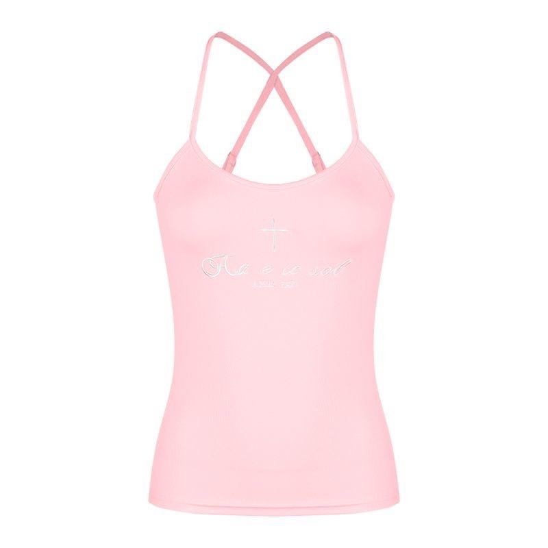 (SẴN) Áo hai dây cổ yếm đan chéo sau lưng màu trắng hồng pastel hoạ tiết chữ dáng ôm AHD004 - Tiktik