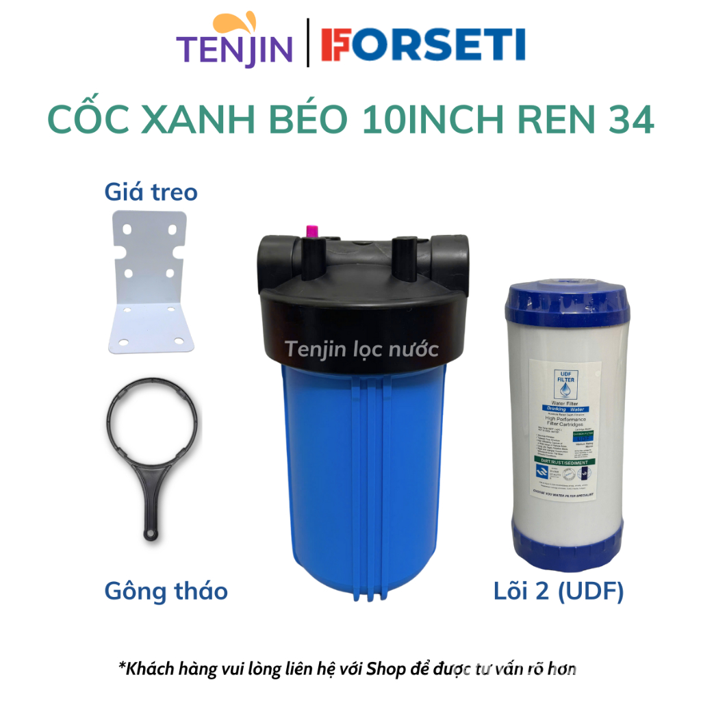 Bộ Cốc Béo 10inch Lọc Đầu Nguồn Ren 34 Đầy Đủ Phụ Kiện Kèm Gông Tháo, Giá Treo, Lõi Lọc Đầu Nguồn