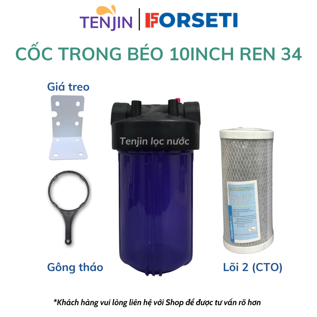 Bộ Cốc Béo 10inch Lọc Đầu Nguồn Ren 34 Đầy Đủ Phụ Kiện Kèm Gông Tháo, Giá Treo, Lõi Lọc Đầu Nguồn