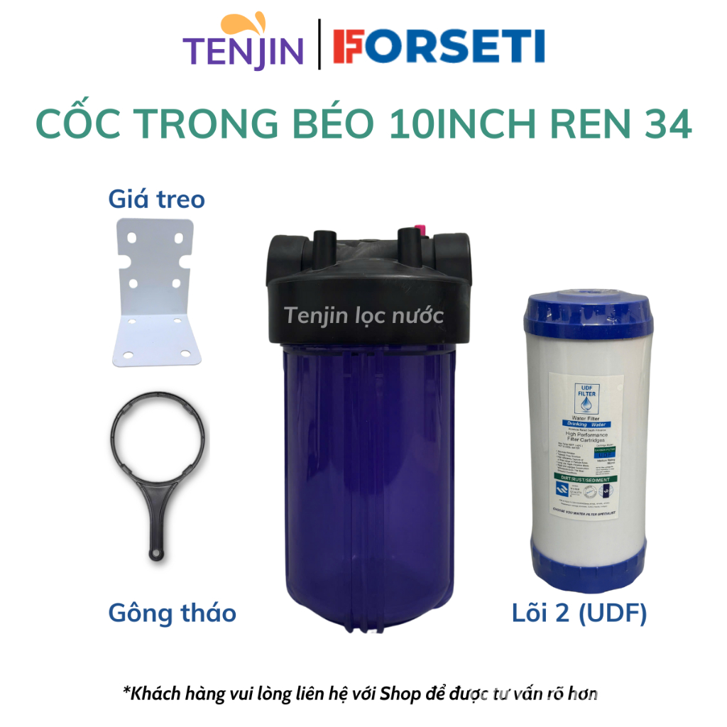 Bộ Cốc Béo 10inch Lọc Đầu Nguồn Ren 34 Đầy Đủ Phụ Kiện Kèm Gông Tháo, Giá Treo, Lõi Lọc Đầu Nguồn
