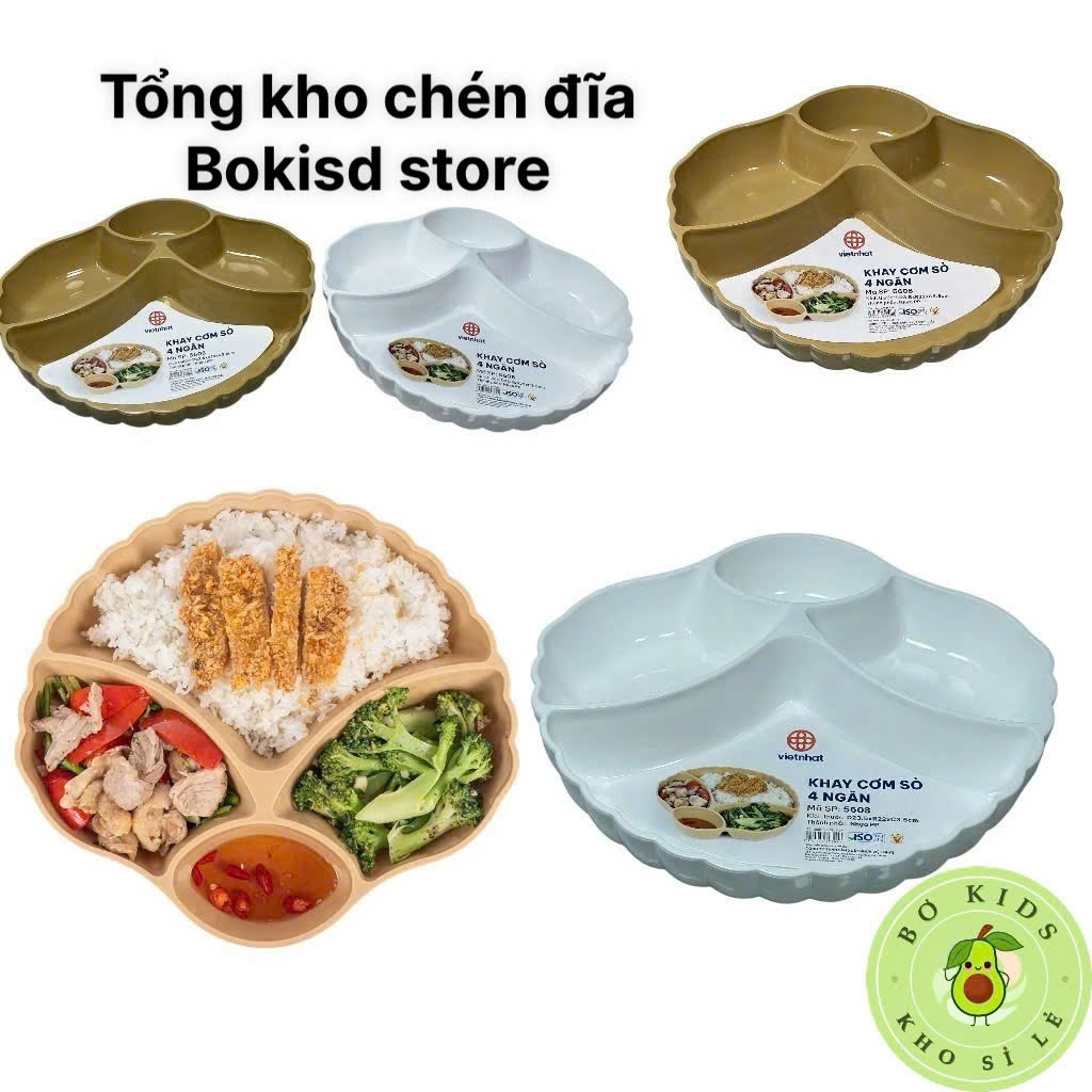 khay đựng cơm văn phòng hình sò dễ thương, khay nhựa đựng đồ ăn 4 ngăn 5608 AMIZIN