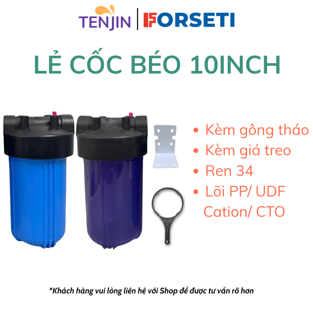 Bộ Cốc Béo 10inch Lọc Đầu Nguồn Ren 34 Đầy Đủ Phụ Kiện Kèm Gông Tháo, Giá Treo, Lõi Lọc Đầu Nguồn