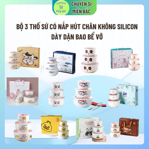 Tô sứ, Chén Sứ Bộ 3 Thố Sứ Có Nắp Hút Chân Không Silicon, Bảo Vệ Sinh Cho Thực Phẩm