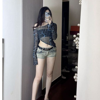 Áo Thun Lưới Dài Tay Cổ Chéo Lệch Tà Hotgirl Gợi Cảm
