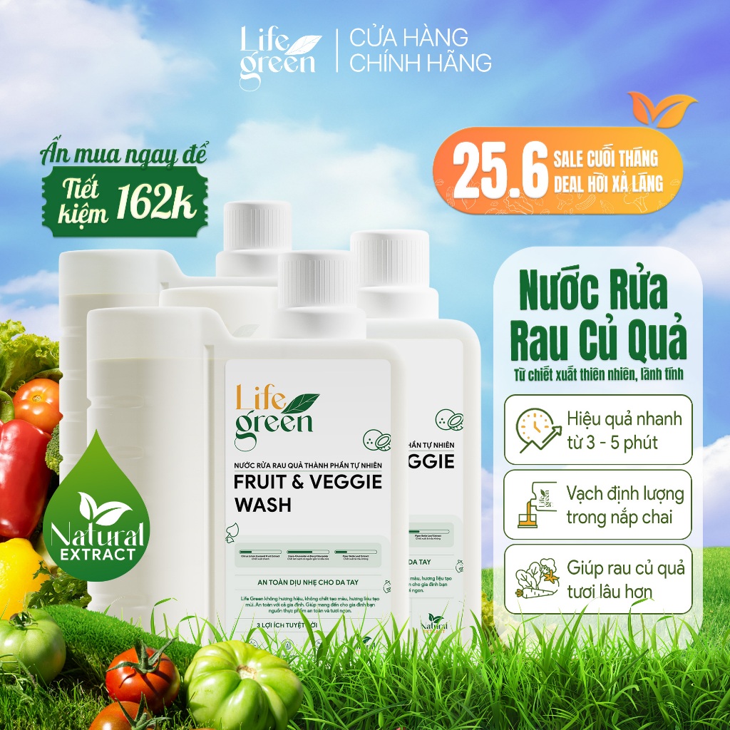 Combo 3 Chai Nước Làm Sạch Rau Củ Quả Life Green, Saponin thực vật, Không hương liệu - 2640ML.