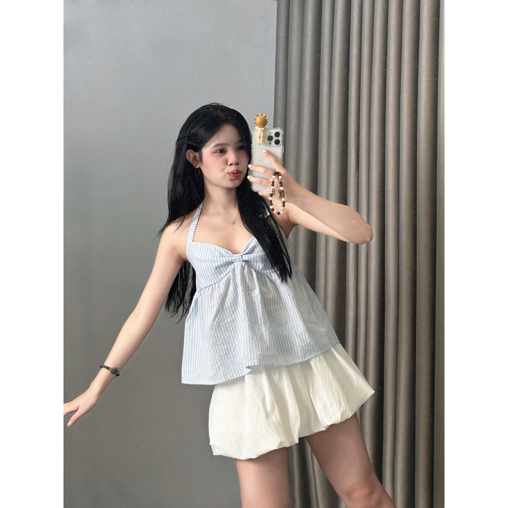 Áo Hai Dây Kẻ Buộc Nơ Chun Sau2 Màu Xanh, Hồng Joolate 581 P6K12
