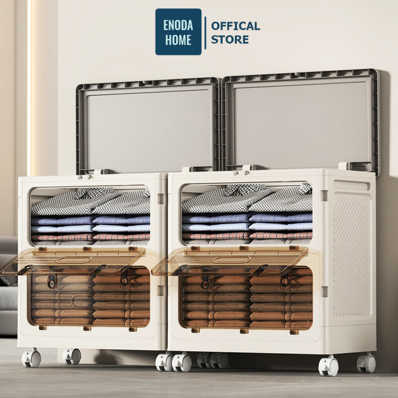 Hộp Nhựa Đựng Đồ Đa Năng ENODA HOME Cỡ Lớn, Thùng Đựng Quần Áo Gấp Gọn Có Nắp Đậy, Cửa Trong Suốt, Có Bánh Xe Q043