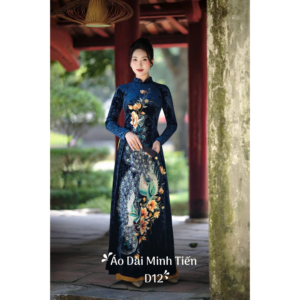 Áo Dài Chất Liệu Nhung Nhám Cao Cấp - Hàng Thêu + May Thủ Công Tỉ Mỉ Từng Áo - Mã D12 Màu Xanh