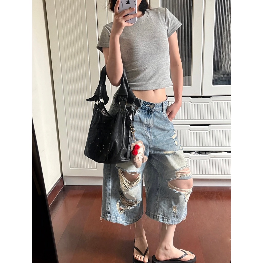 (sẵn)Quần jean ngố short pants xanh nhạt rách nhiều màu wash cá tính QJL003 - Tiktik