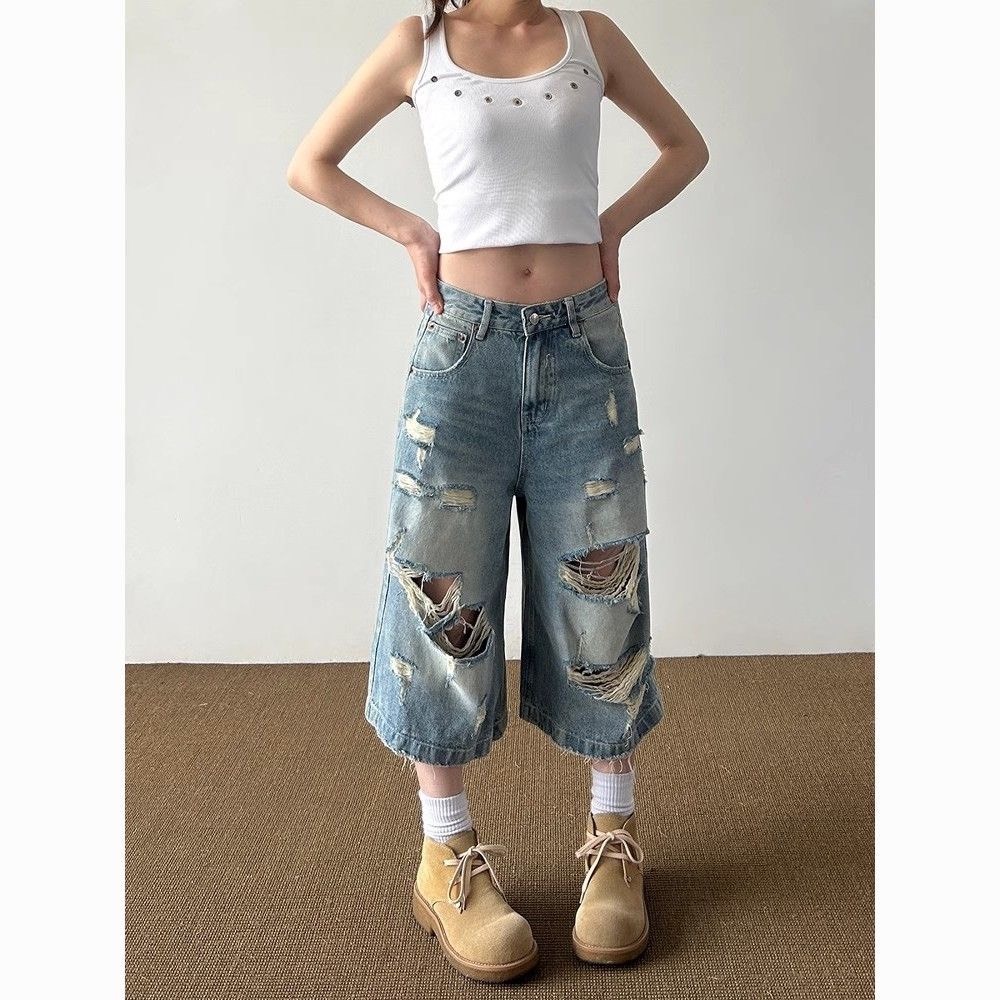(sẵn)Quần jean ngố short pants xanh nhạt rách nhiều màu wash cá tính QJL003 - Tiktik