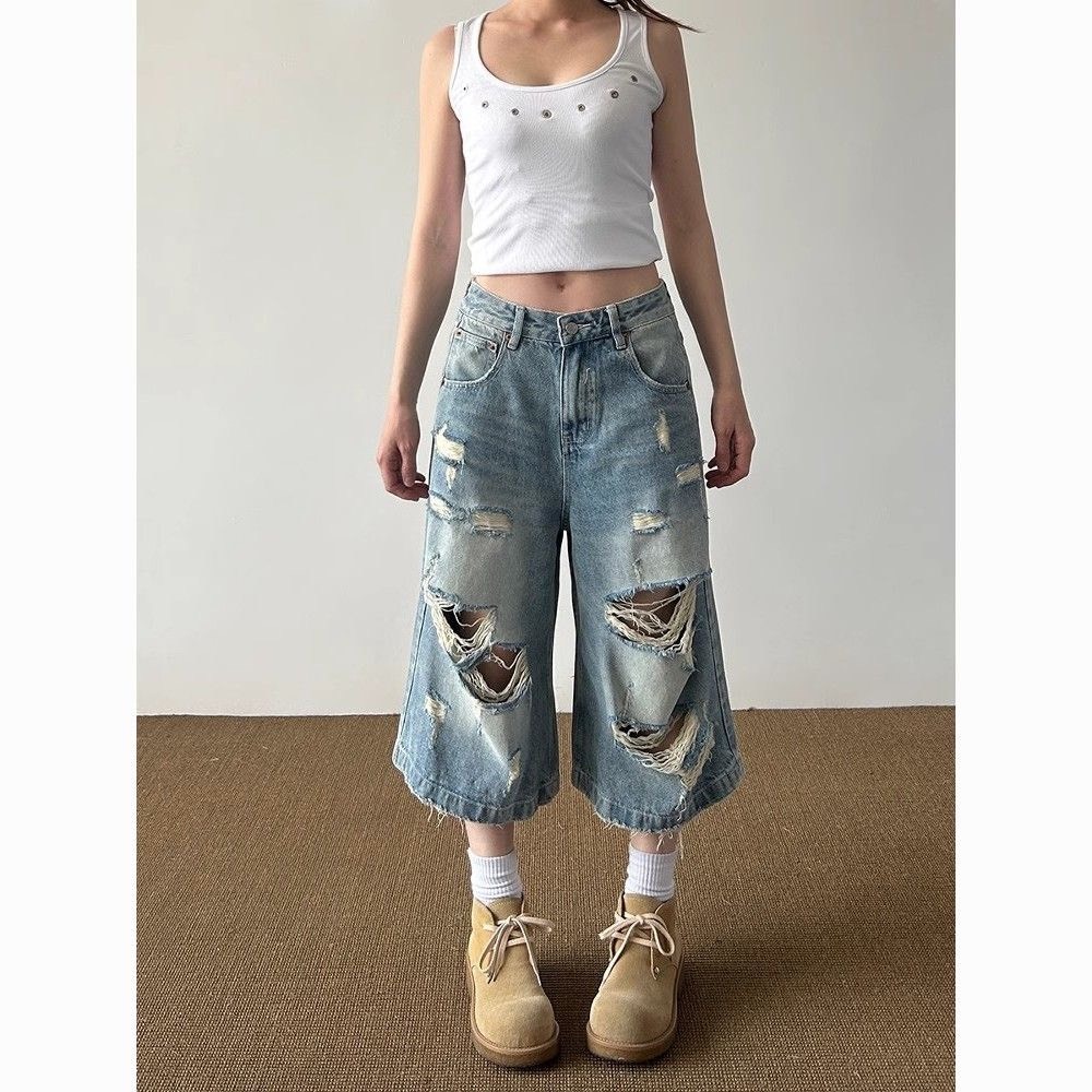 (sẵn)Quần jean ngố short pants xanh nhạt rách nhiều màu wash cá tính QJL003 - Tiktik