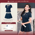 Bộ đồ Pickleball, cầu lông, tennis nữ Fitme CÉ áo thun Polo Navy cổ be, chân váy xếp ly Navy kèm quần bảo hộ VTNN01 — ảnh 2
