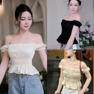 Áo Trễ Vai Nhún Ôm Body Dáng Crop Chất Gió Nhăn Co Giãn Aotrevai333