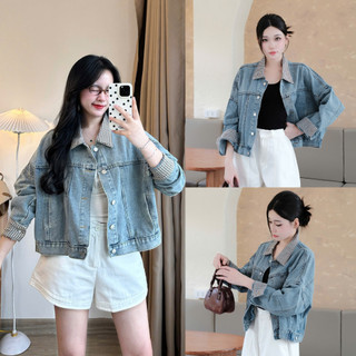 Áo khoác Jeans 247Store form unisex phối kẻ màu xanh nhạt Aokhoacbo8068