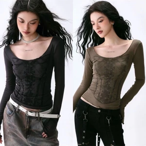 Áo thun dài tay cổ rộng hoạ tiết in CORSET cá tính ATDT040 - Tiktik