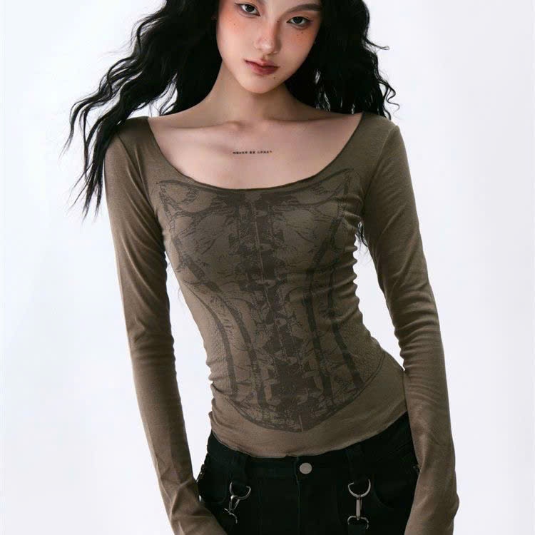 (SẴN)Áo thun dài tay cổ rộng hoạ tiết in CORSET cá tính ATDT040 - Tiktik