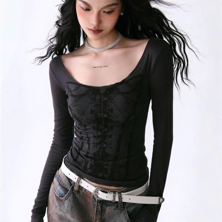 (SẴN)Áo thun dài tay cổ rộng hoạ tiết in CORSET cá tính ATDT040 - Tiktik