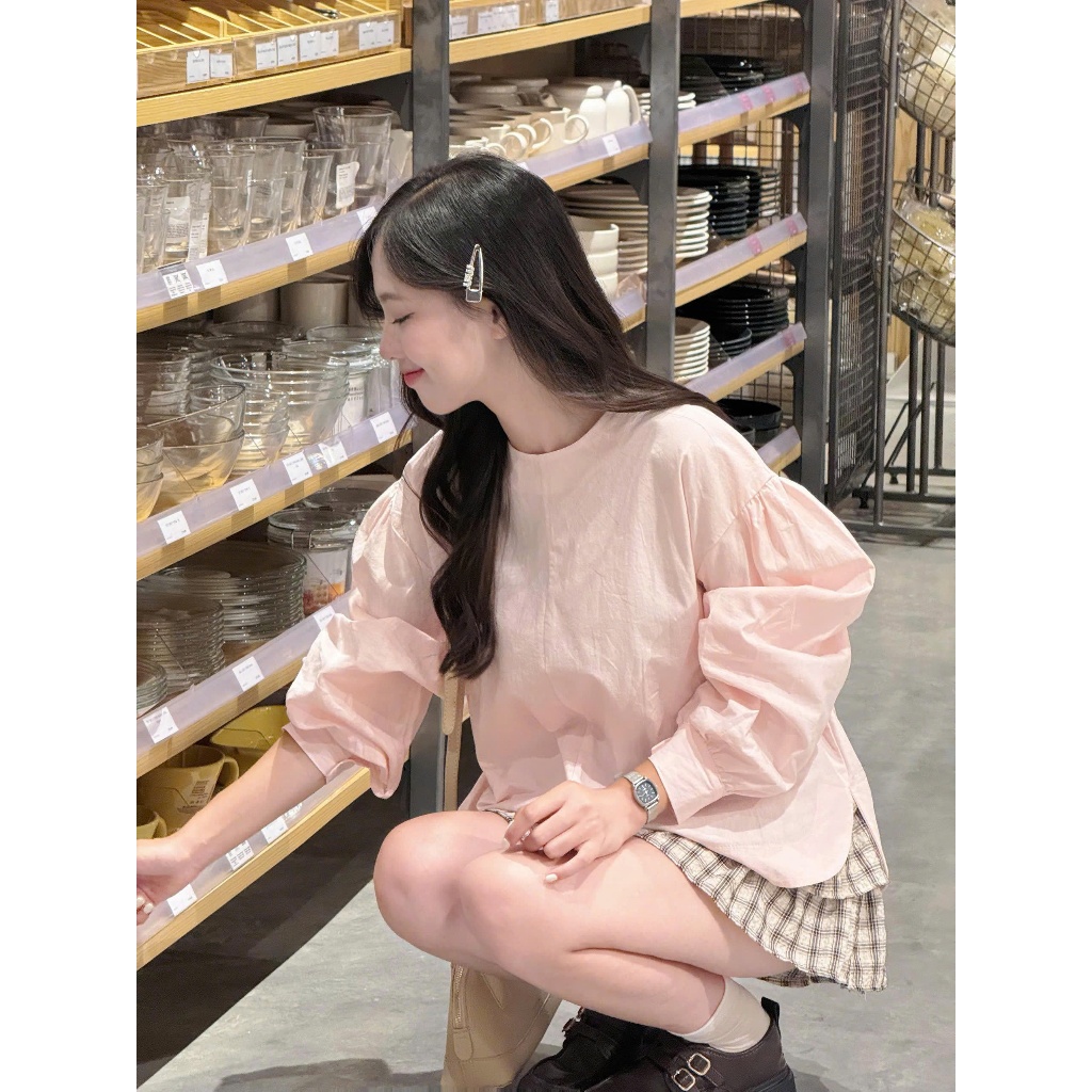 Áo sơ mi thô cổ tròn tay bồng dáng rộng Miha Studio