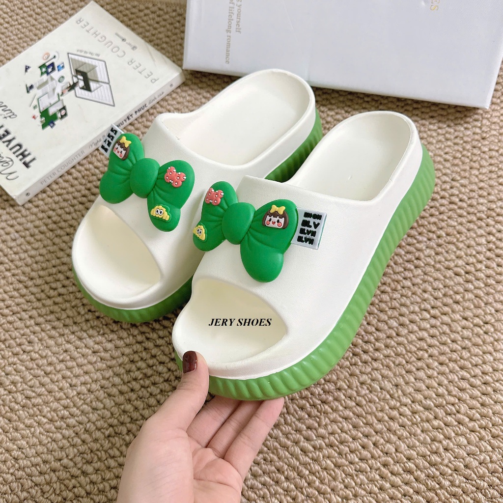 Dép nữ, dép bánh mì nữ đế cao 5cm phối màu đính nơ siêu xinh