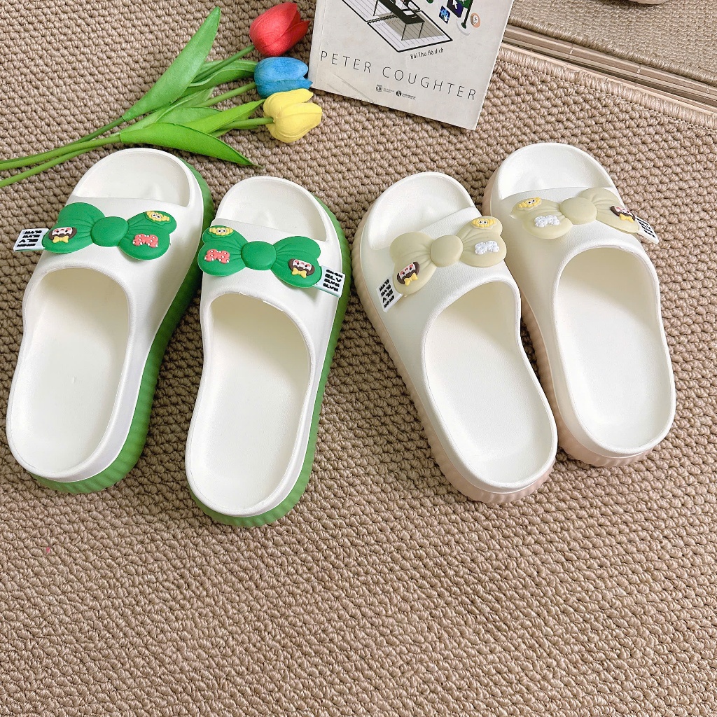 Dép nữ, dép bánh mì nữ đế cao 5cm phối màu đính nơ siêu xinh