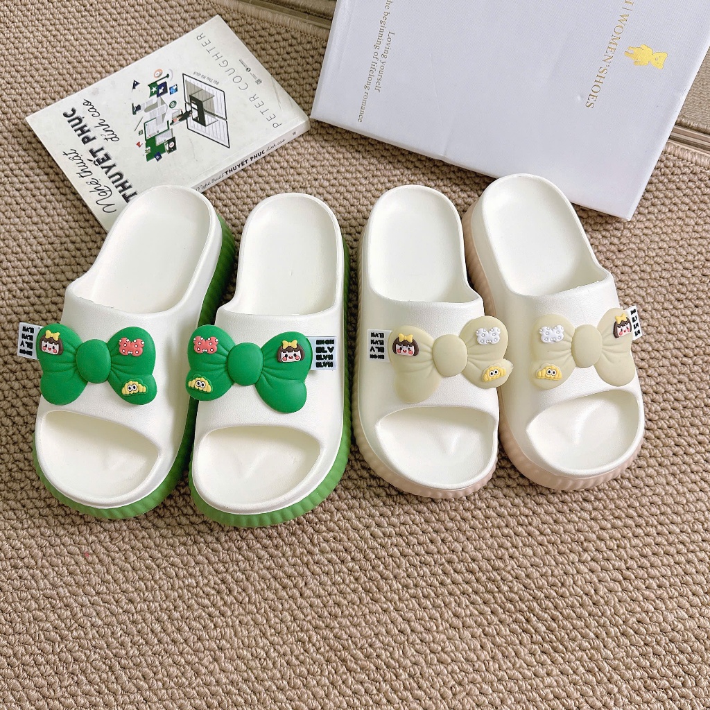 Dép nữ, dép bánh mì nữ đế cao 5cm phối màu đính nơ siêu xinh
