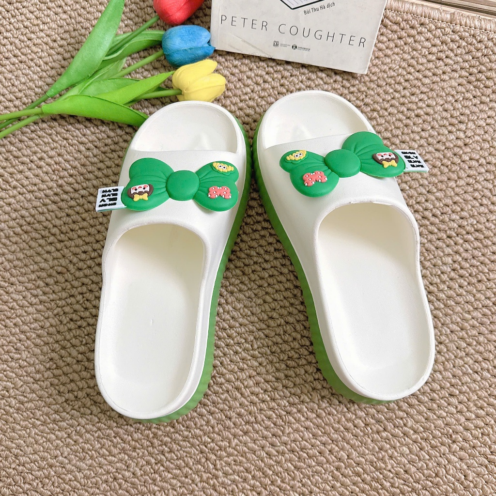 Dép nữ, dép bánh mì nữ đế cao 5cm phối màu đính nơ siêu xinh