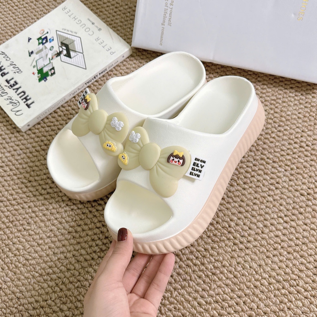 Dép nữ, dép bánh mì nữ đế cao 5cm phối màu đính nơ siêu xinh