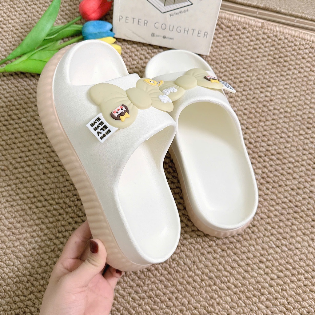 Dép nữ, dép bánh mì nữ đế cao 5cm phối màu đính nơ siêu xinh