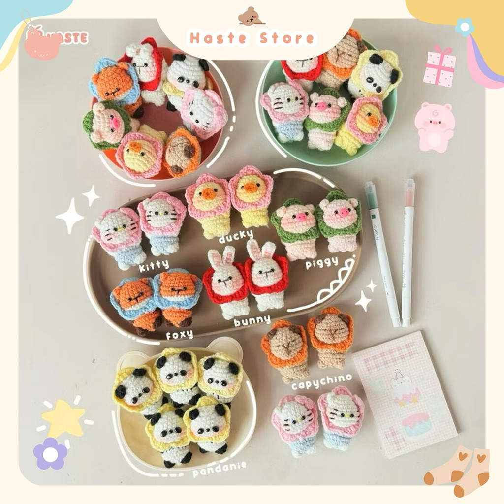 Móc Khoá Len Cartoon Mini Thú Đeo vòng Hoa Heo Capybara Kitty Animal Cosplay Đội Mũ Handmade Dễ Thương