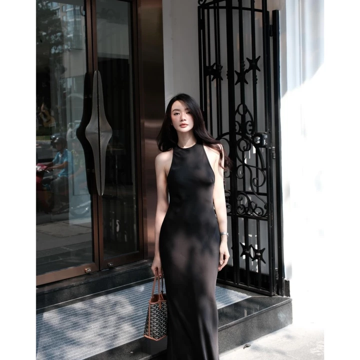 Đầm lụa Váy lụa cổ viền, Váy lụa dáng dài Hàn Châu 1 lớp không mút ngực