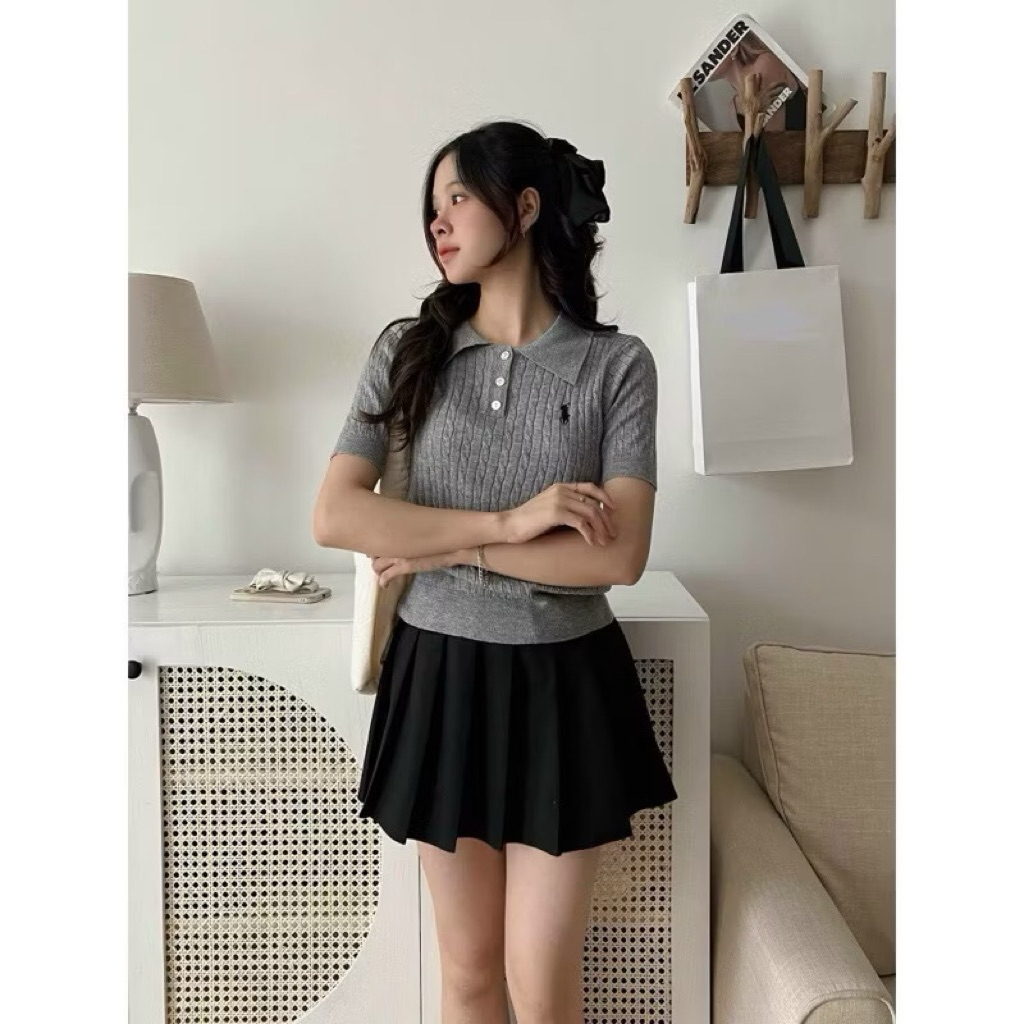 Áo len polo dệt vặn thừng thêu ngựa hàng QC