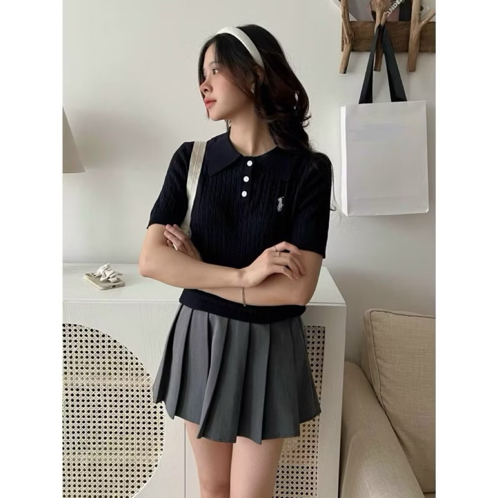 Áo len polo dệt vặn thừng thêu ngựa hàng QC